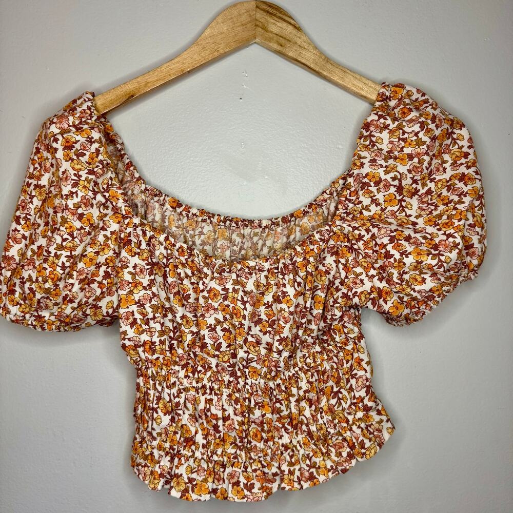 BOG Collective Floral Puff Sleeve Smocked Crop Top Off Shoulder XS